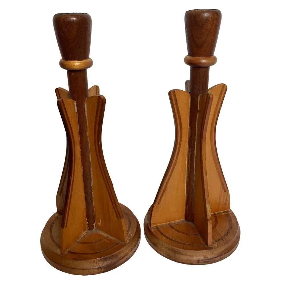 Pair Vintage Mid Century Wood Inlay Candle holders Scandinavian 10 inch